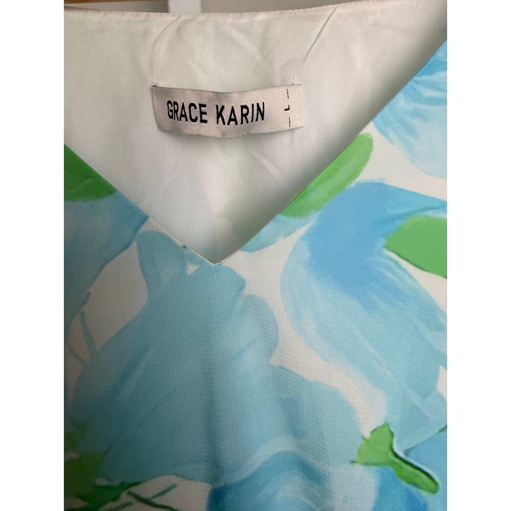 Grace Karin Floral Pleated Midi Dress Blue Green L NWT - Picture 5 of 8